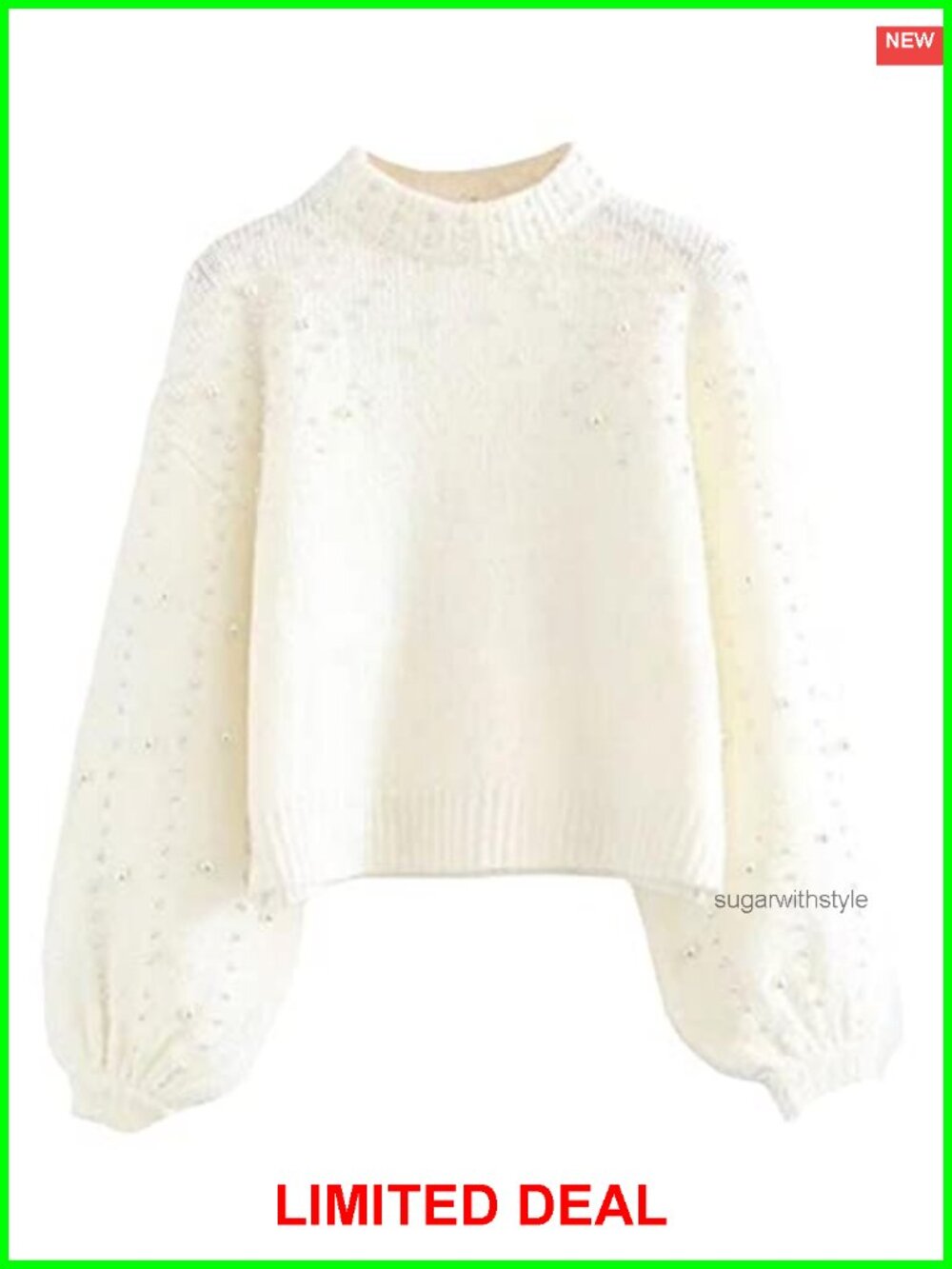 Pearl Beading Mock Neck Chunky Knit Pullover Sweater Lantern Sleeve